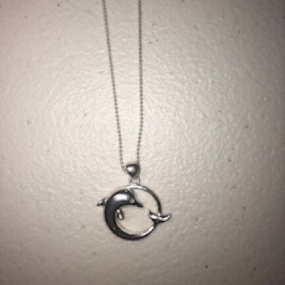 New Avon necklace sterling silver dolphin clear eye circle sea ocean 19 chain